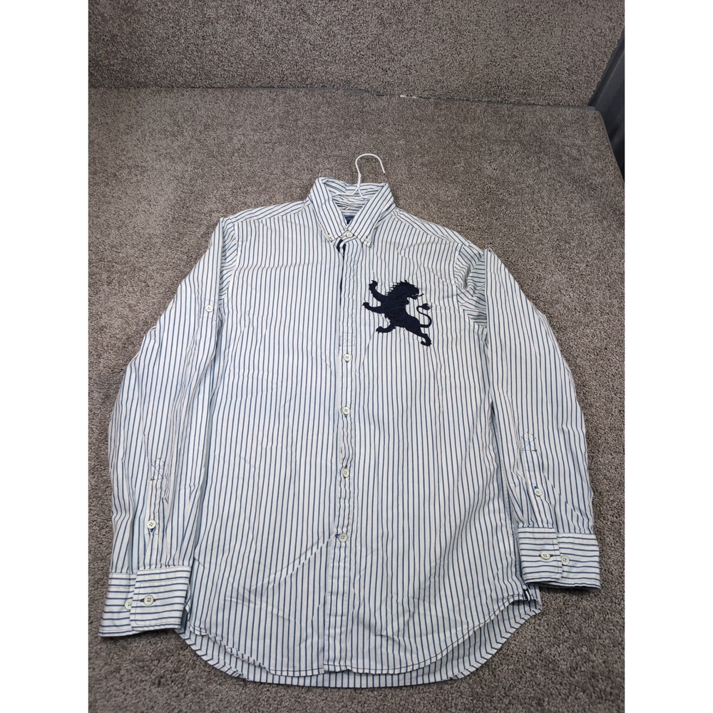 Express Mens Blue‎ White Striped Long Sleeve Button Down Shirt Lion Logo Medium